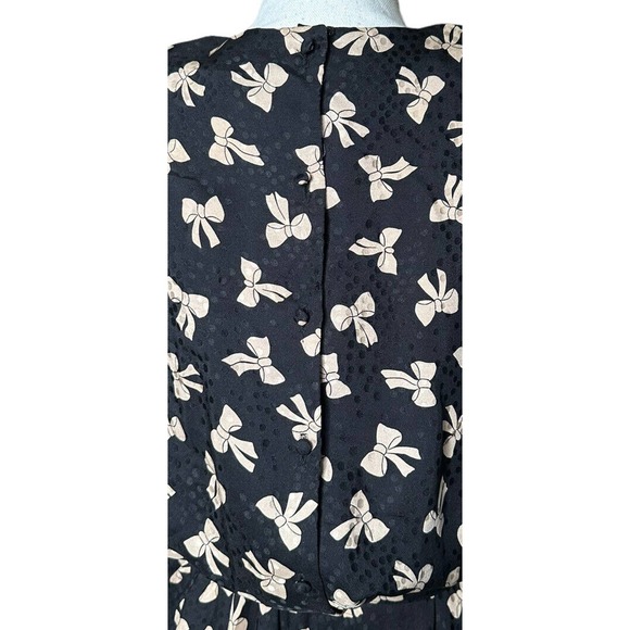 Vintage 80s Megan Barrett 100% Silk Black Bow Print Belted Secretary Dress Sz 12 - Picture 7 of 8